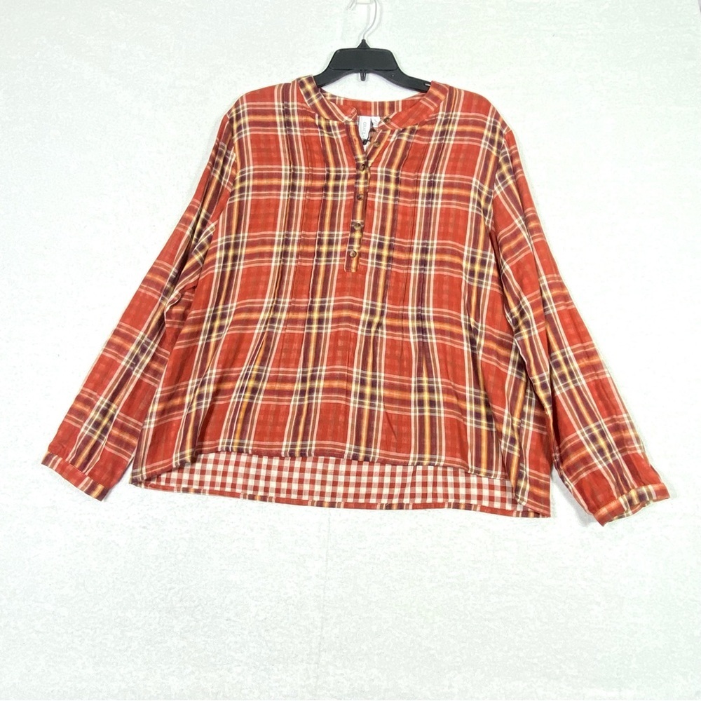 Grace + Karma Plaid Blouse Women L Rust Red Long Sleeve 1/2 Button Popover NWT